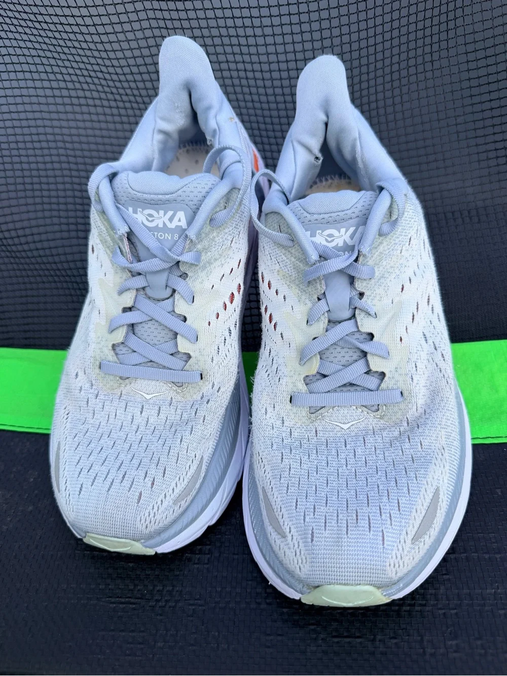 Hoka One One Clifton 8 Light Gray and Orange Running Shoes with Black Insole